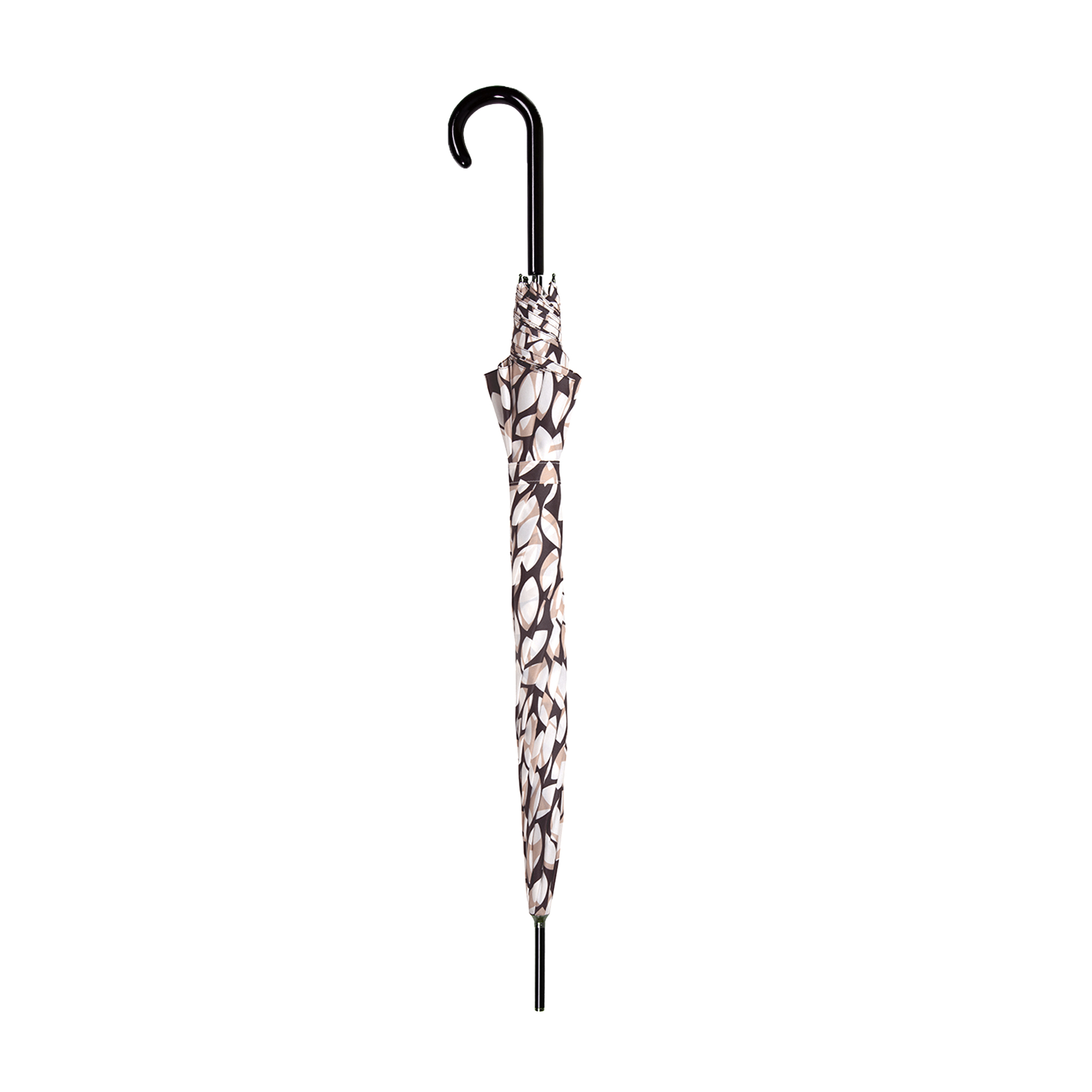 Geschlossener Regenschirm Long Matic Leaves Schwarz mit Blättermuster in Beige, Weiss und Schwarz
