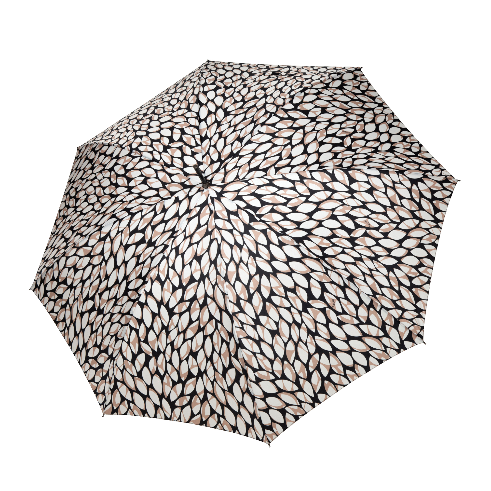 Geöffneter Regenschirm Long Matic Leaves Schwarz mit Blättermuster in Beige, Weiss und Schwarz