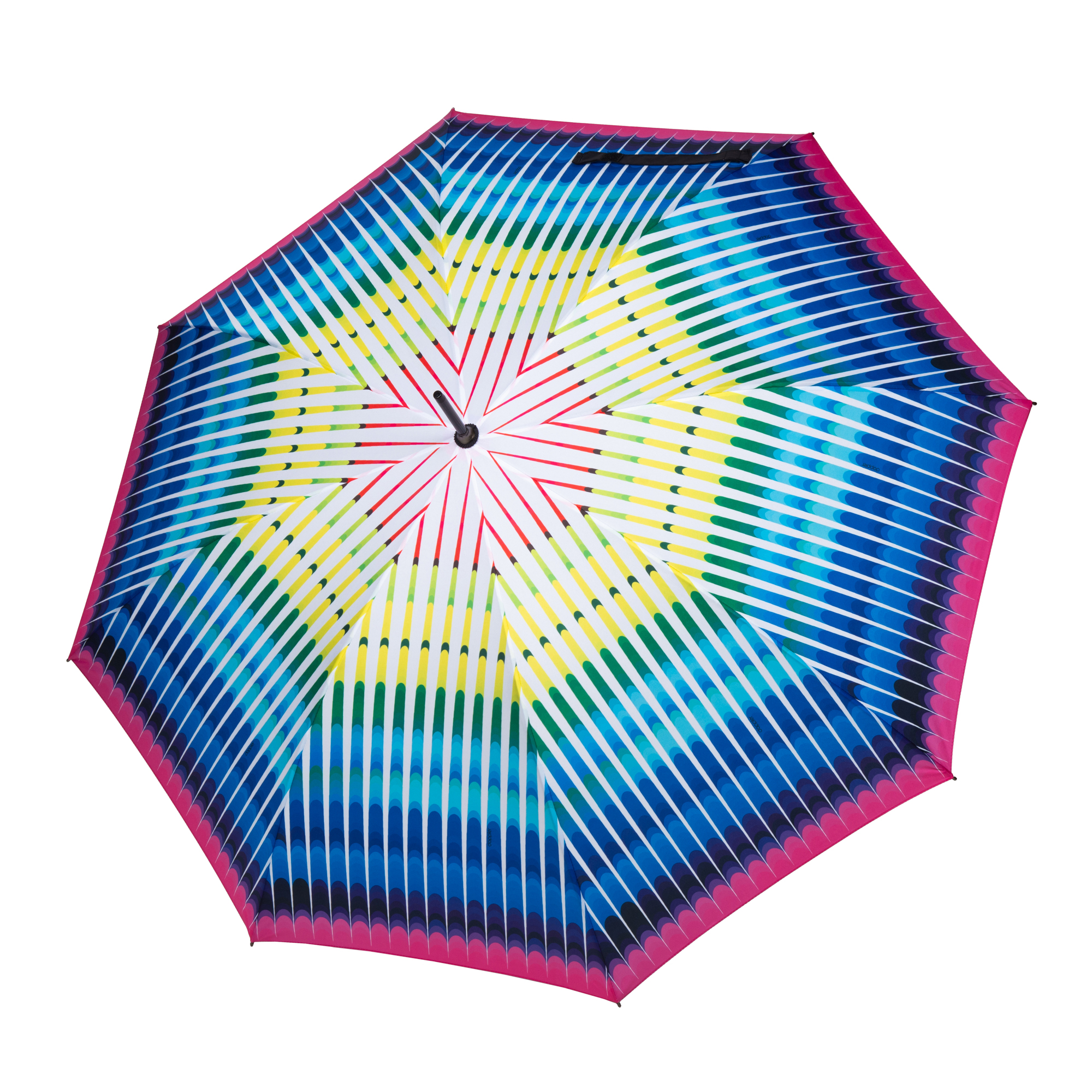 Geöffneter Regenschirm Long Matic Modern Art mit geometrischem Muster in kräftigen Farben