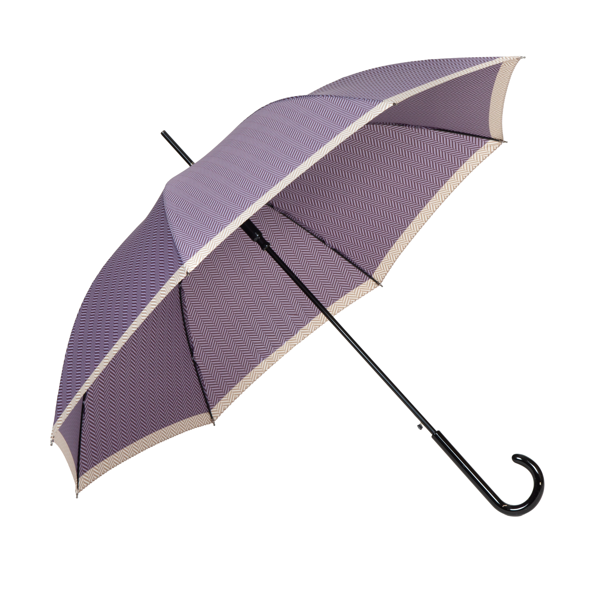 Long Matic walking-stick umbrella open, oblique view from below, purple herringbone