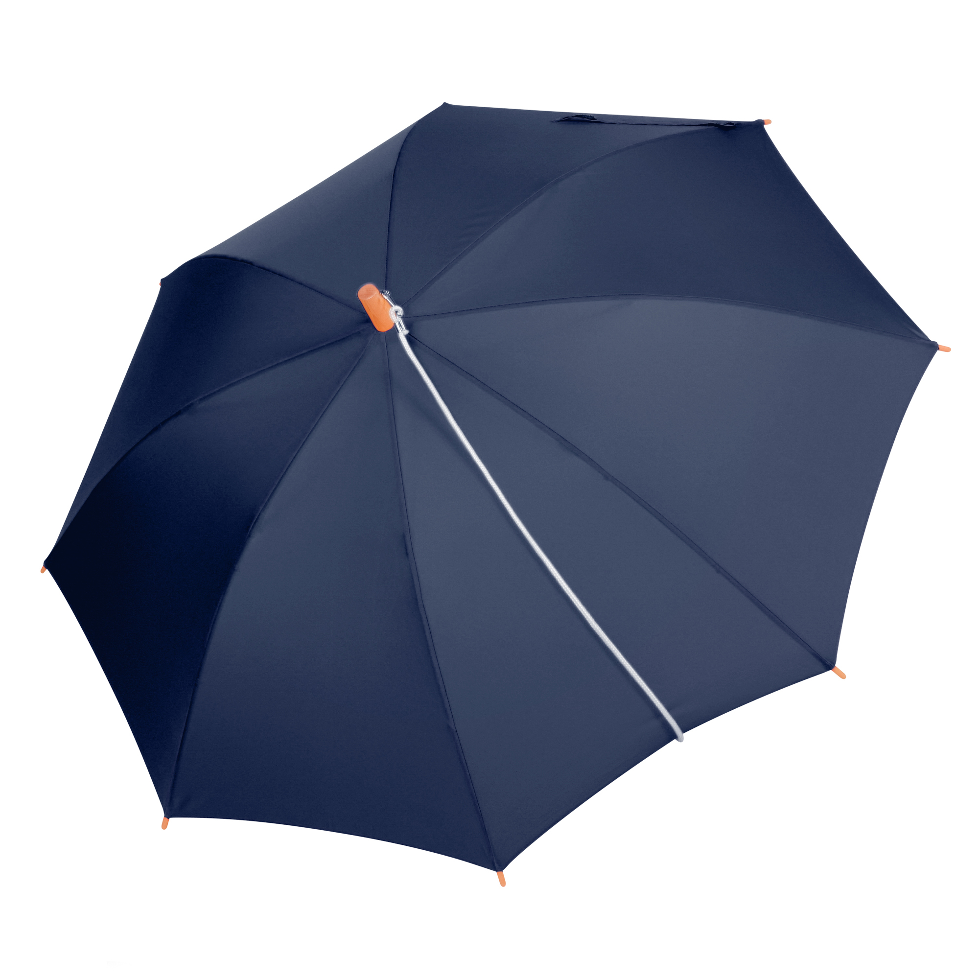 Geöffneter navyblauer Regenschirm mit Holzgriff und Tragegurt zum Umhängen