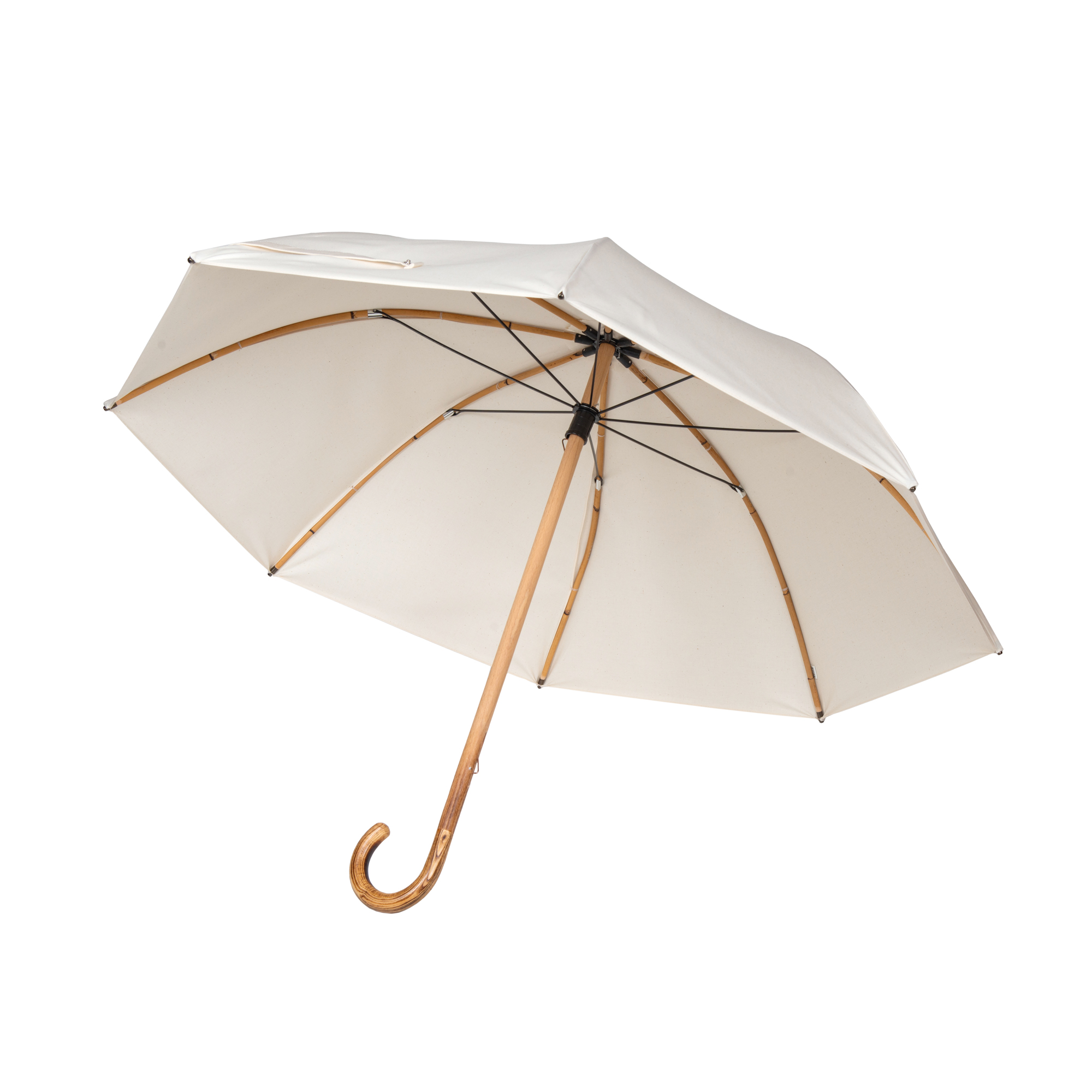 Swiss Made parapluie Meerrohr beige ouvert, vue latérale avec poignée en bois et baleines
